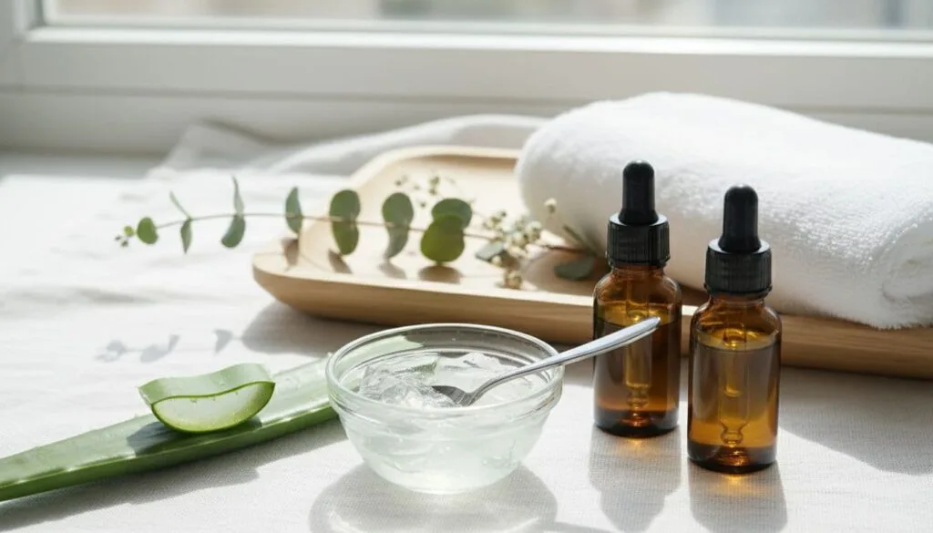 aloe vera cutting, fresh gel, and dropper bottles of jojoba and squalane oils on a soft white linen and wooden tray with eucalyptus accents.