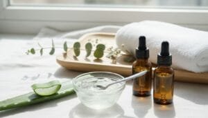 aloe vera cutting, fresh gel, and dropper bottles of jojoba and squalane oils on a soft white linen and wooden tray with eucalyptus accents.