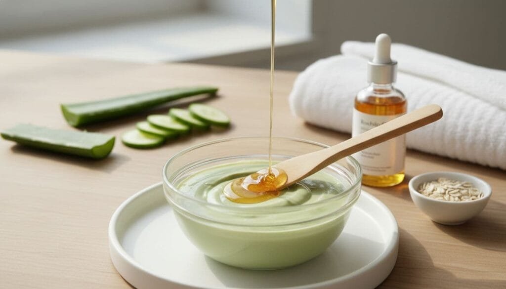 creamy avocado-and-honey face mask in a glass bowl on a white tray, surrounded by fresh natural ingredients like aloe leaves, cucumber slices, and oats