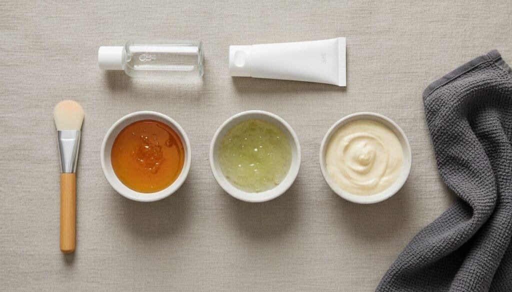 flat-lay featuring face mask ingredients like honey, aloe, and oat milk cream