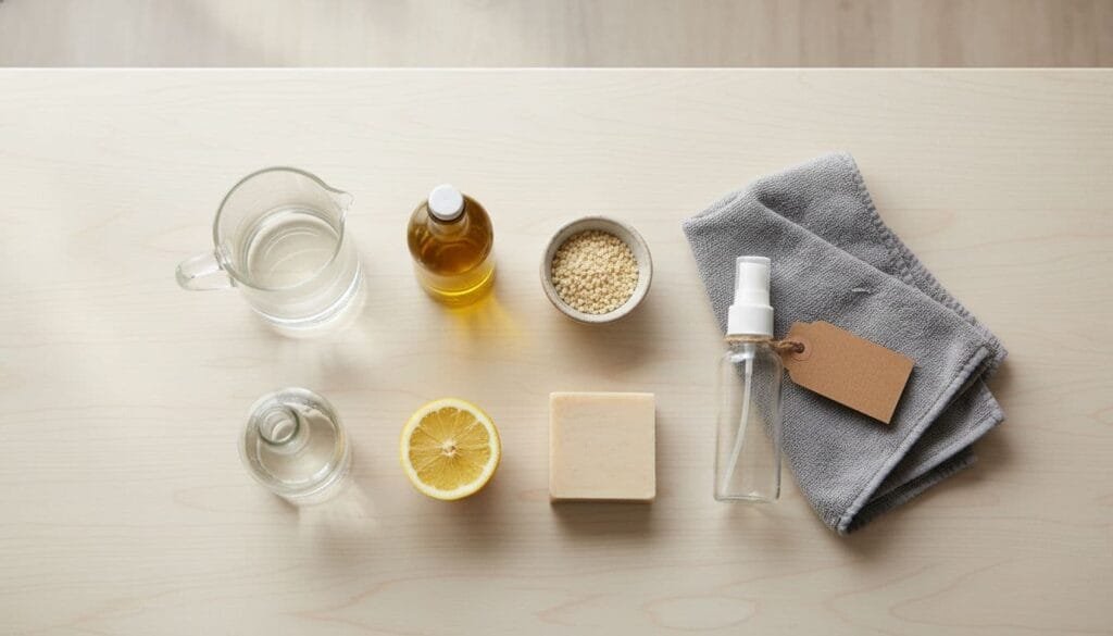 jojoba oil, beeswax, castile soap, vinegar, and other diy wood cabinet cleaner ingredients sitting on countertop