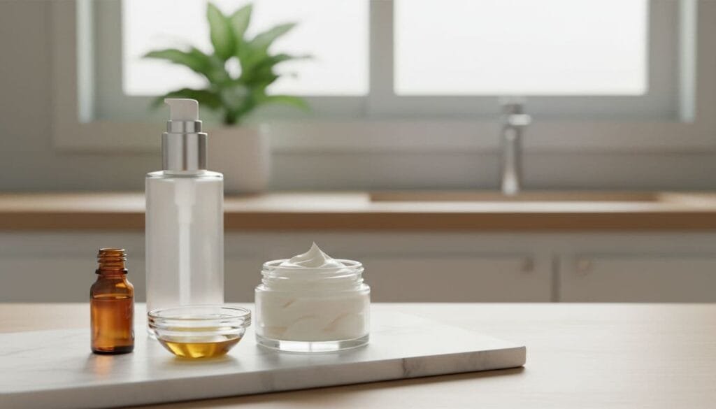 close-up of whipped face cream in a jar and pump bottle on a white marble tray, with oil drops and vitamin E bottle, against a sunlit bathroom vanity background.