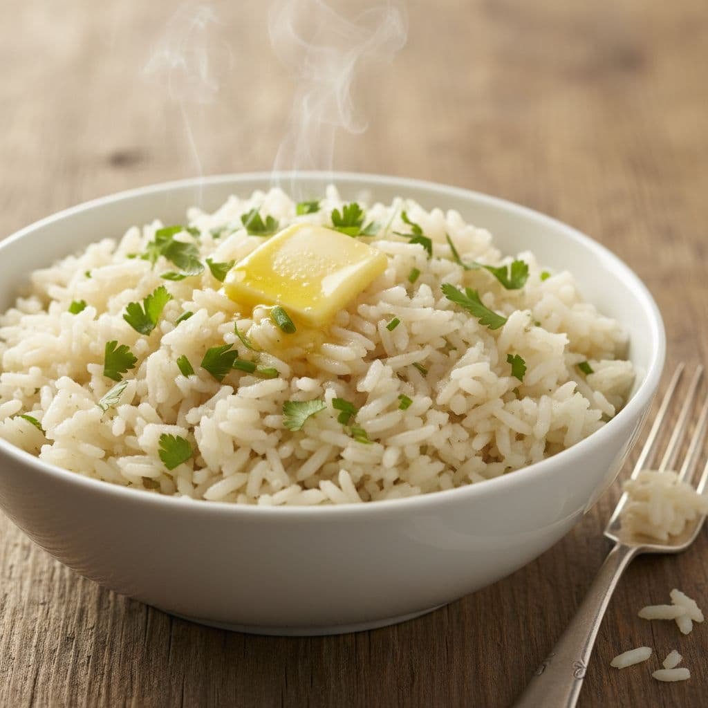 fluffy white rice chicken broth butter herbs