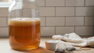 gallon of kombucha with a scoby on countertop with sugar and a towel