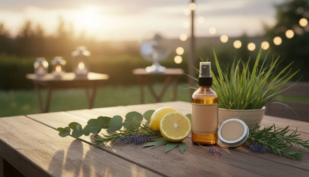 diy mosquito spray in a small amber spray bottle next to a lemon, lavender, and lemon grass