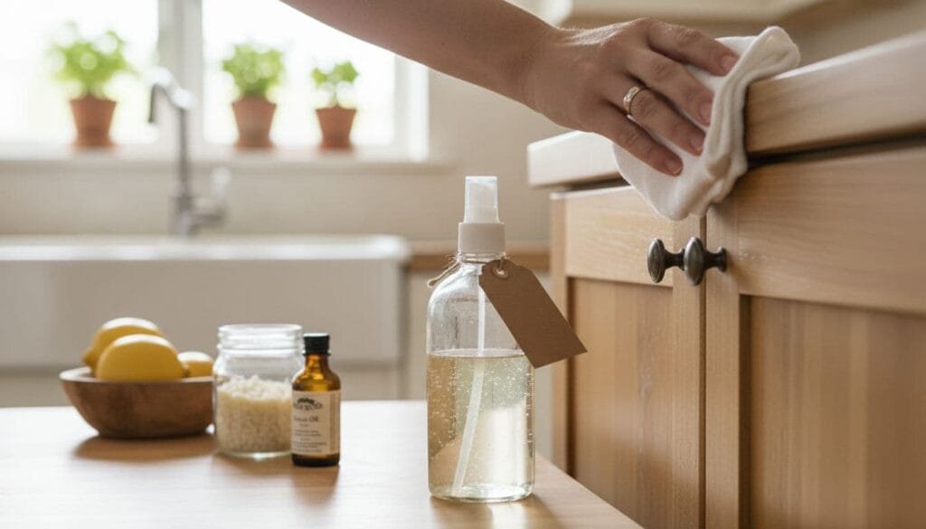 image of a hand holding a cloth wiping down a cabinet with homemade DIY cabinet cleaner solution