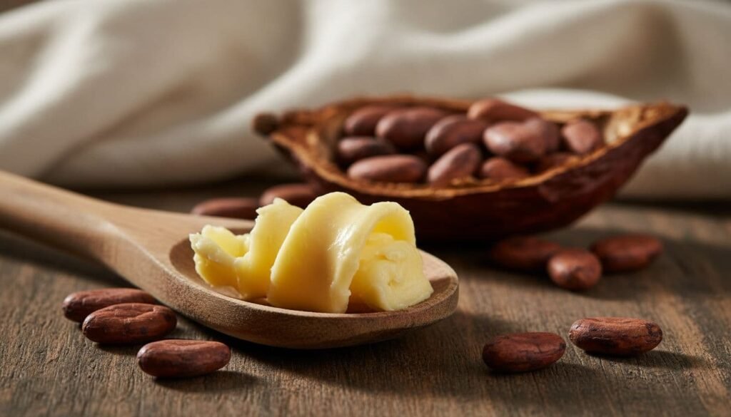 cocoa butter on a wooden spoon with cocoa beans