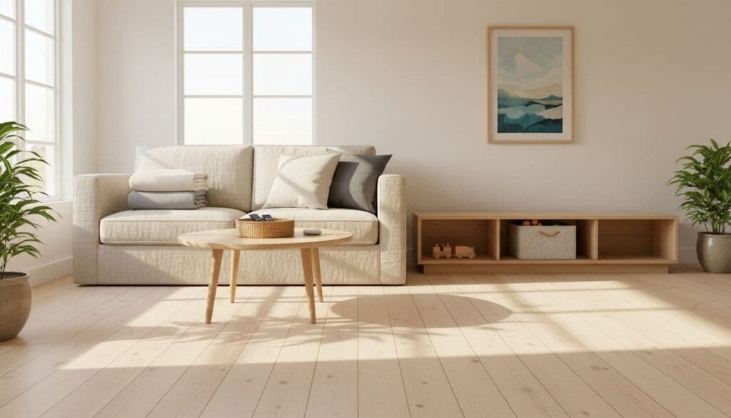peaceful decluttered Scandinavian-styled living room with bamboo table and shelf