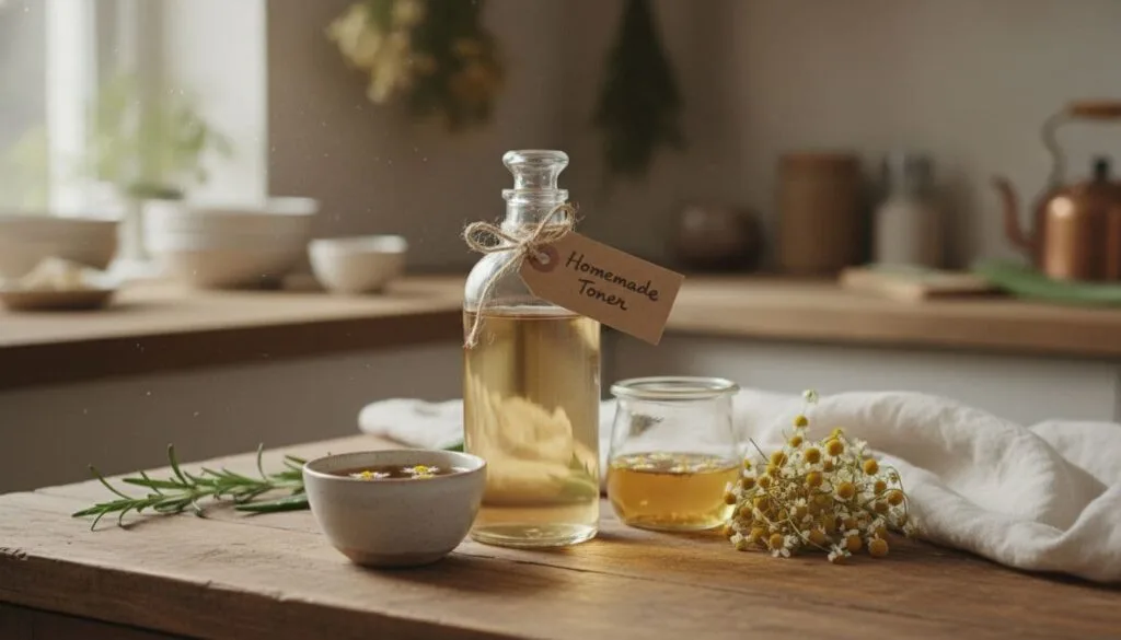 diy homemade face toner sitting on a wooden kitchen countertop with chamomile blossoms and tea