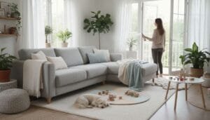 women spraying upholstery fabric softener in a bright family room with white couch, white carpet, and dog laying on the floor