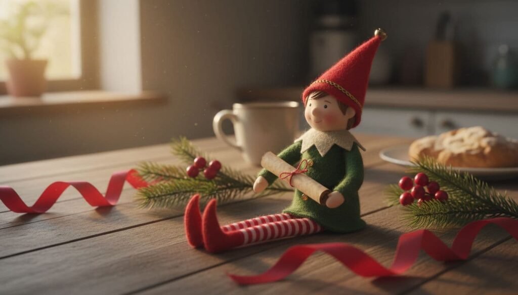 
small elf doll holding tiny note on christmas table