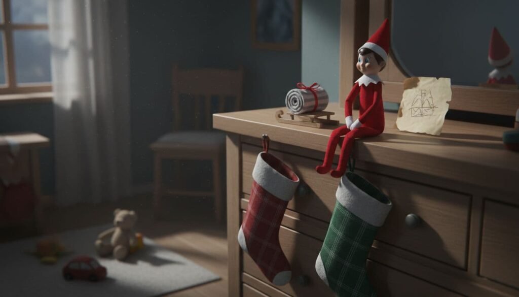 elf doll with note on child's bedroom dresser at night